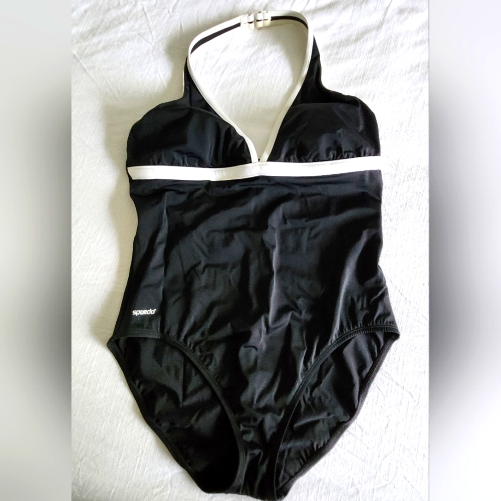 Speedo Black One-Piece Halter Swimsuit with White Trim